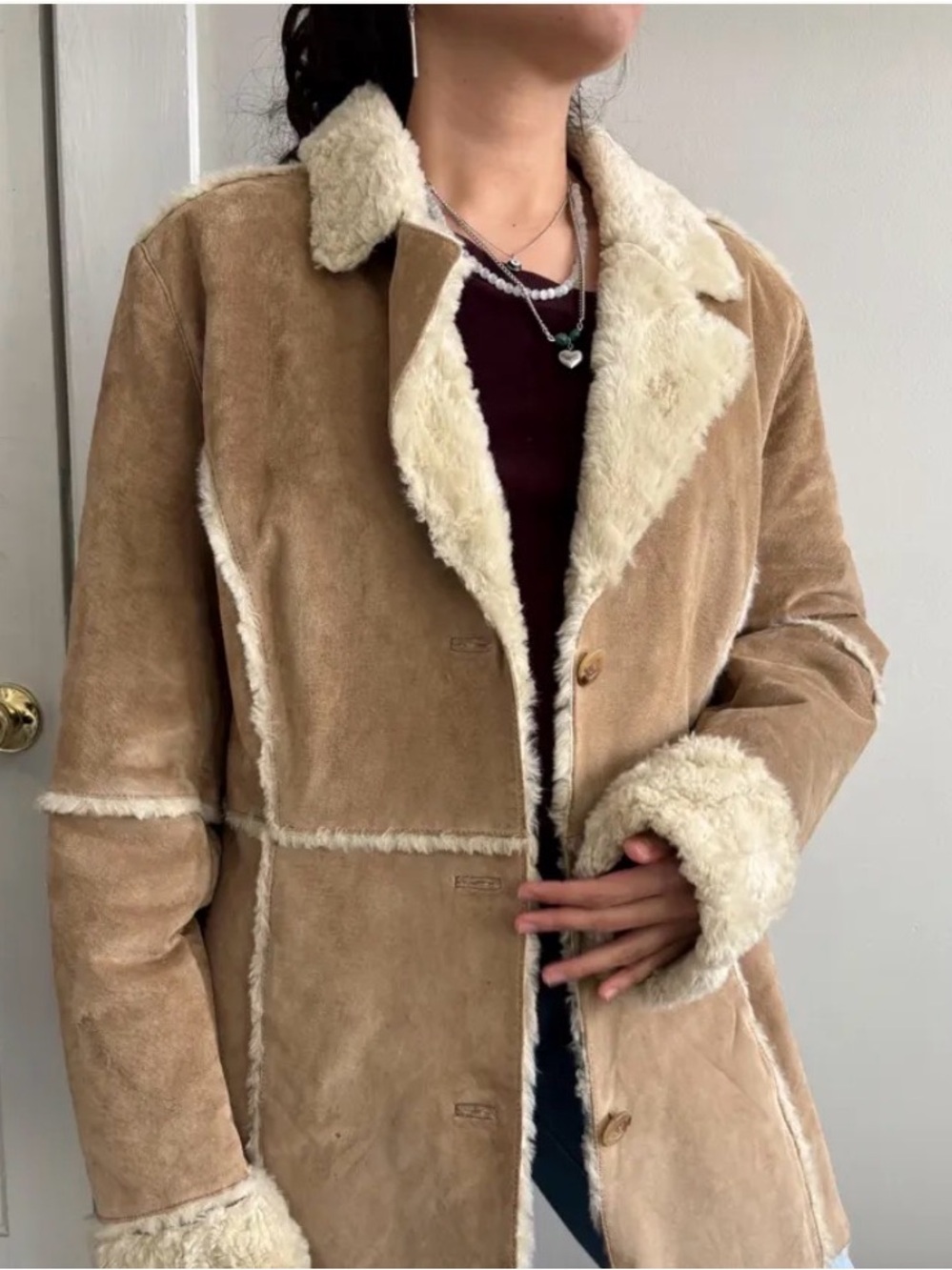 Women's Tan Faux Shearling Jacket with Cream Trim